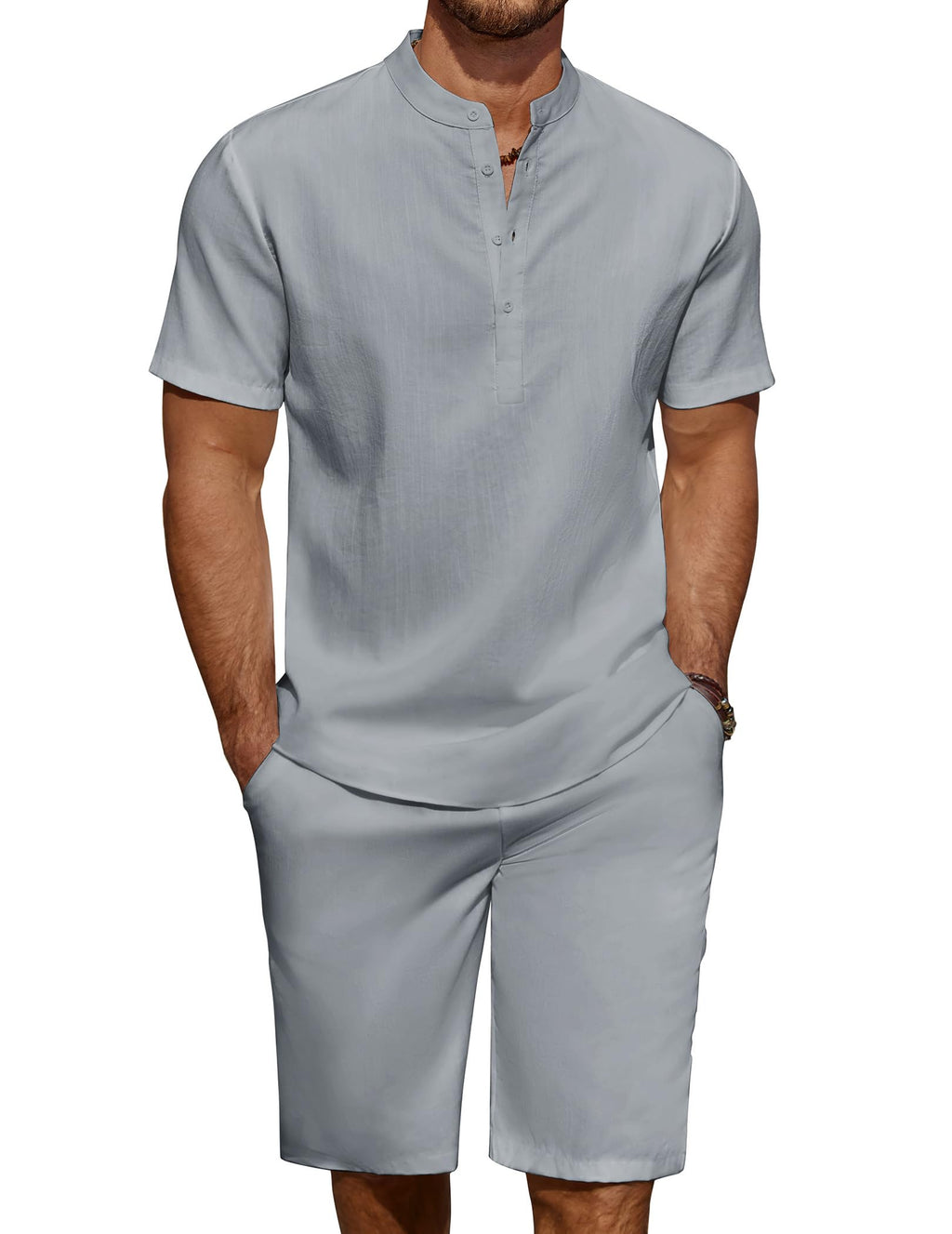 COOFANDY Men's Linen Henley Shirt & Shorts Set