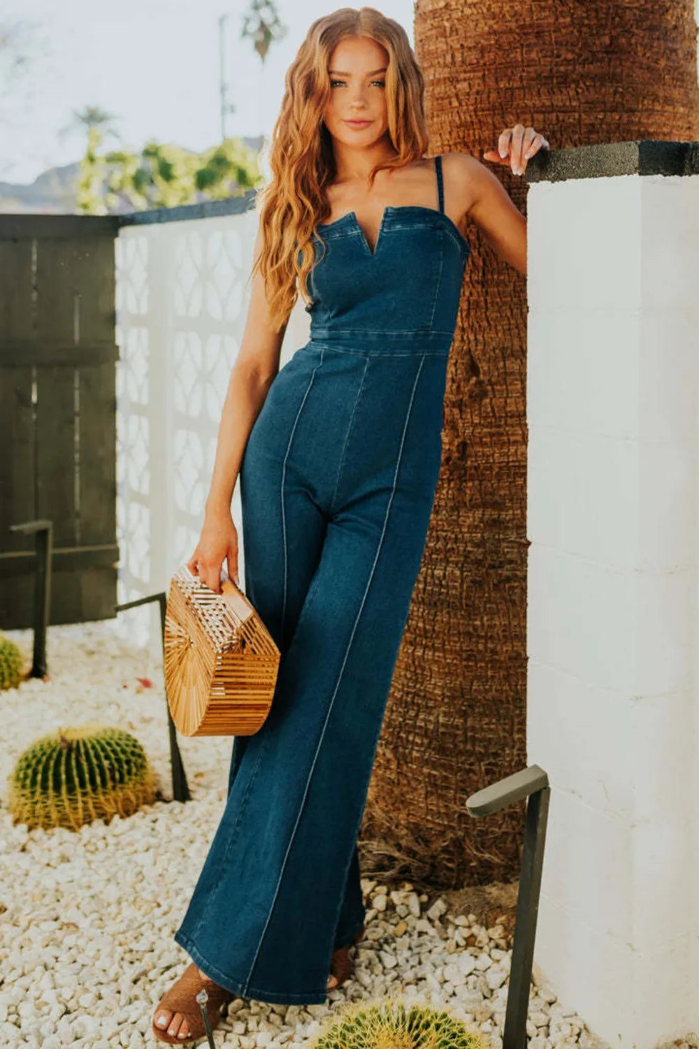 Spaghetti Strap Wide Leg Denim Jumpsuit - Women / Jeans & Denim by Trendsi | Available at Handbags Specialist Headquarter