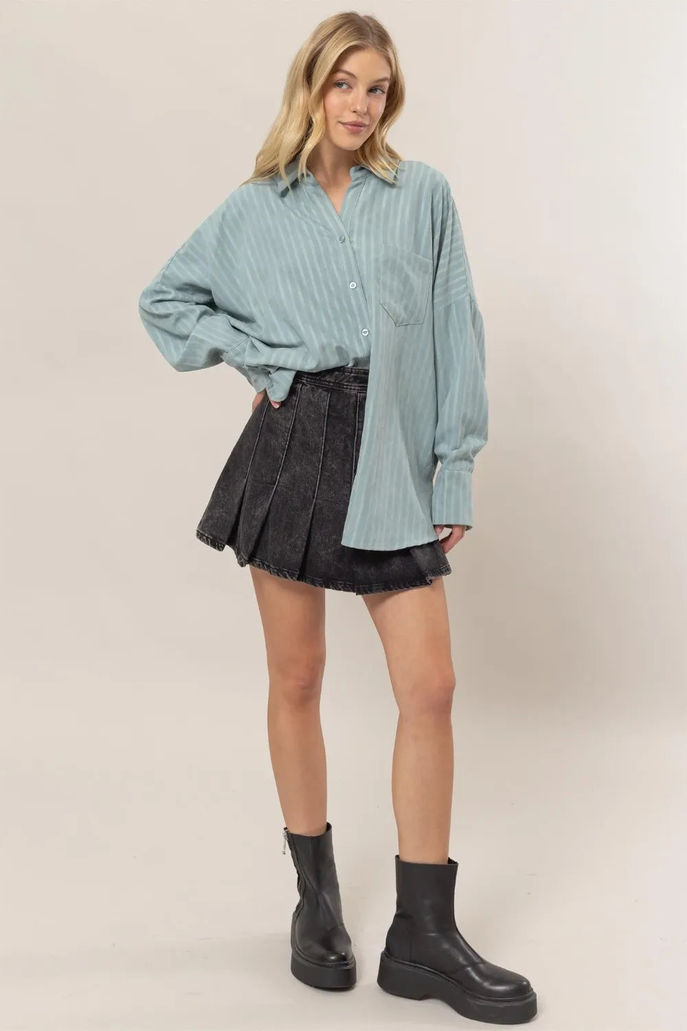 HYFVE Stripe Button Down Long Sleeve Oversized Shirt - Women / Jeans & Denim by Trendsi | Available at Handbags Specialist Headquarter