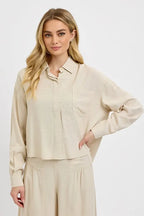 RISEN Button Down Long Sleeve Shirt - Women's Down Shirt Tops by Trendsi | Available at Handbags Specialist Headquarter