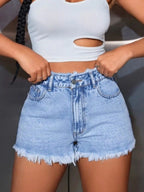 High Waisted Frayed Hem Denim Shorts - Women / Jeans & Denim by Trendsi | Available at Handbags Specialist Headquarter