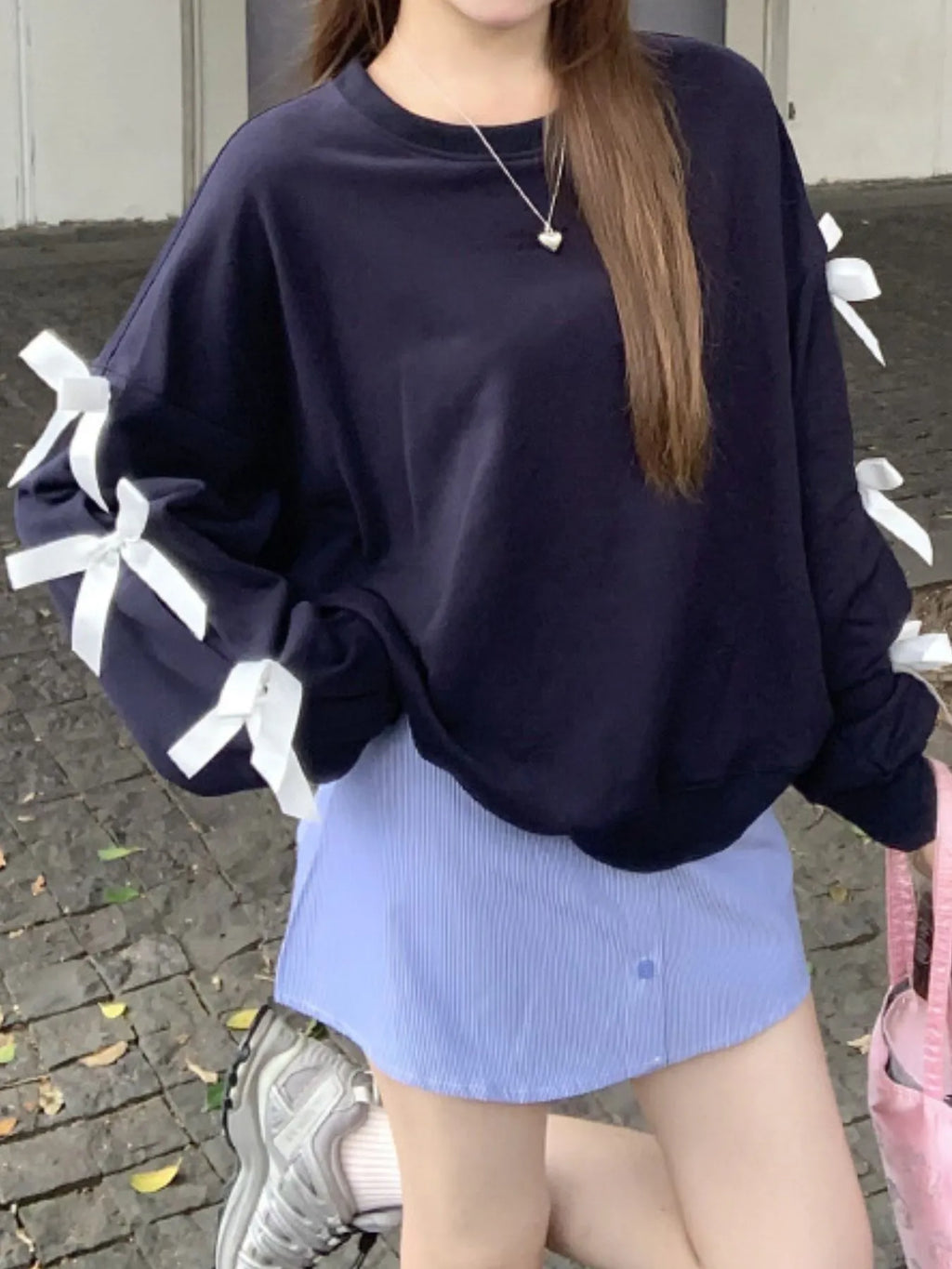 Bow-Detailed Sleeve Round Neck Sweatshirt - Tops by Trendsi | Available at Handbags Specialist Headquarter