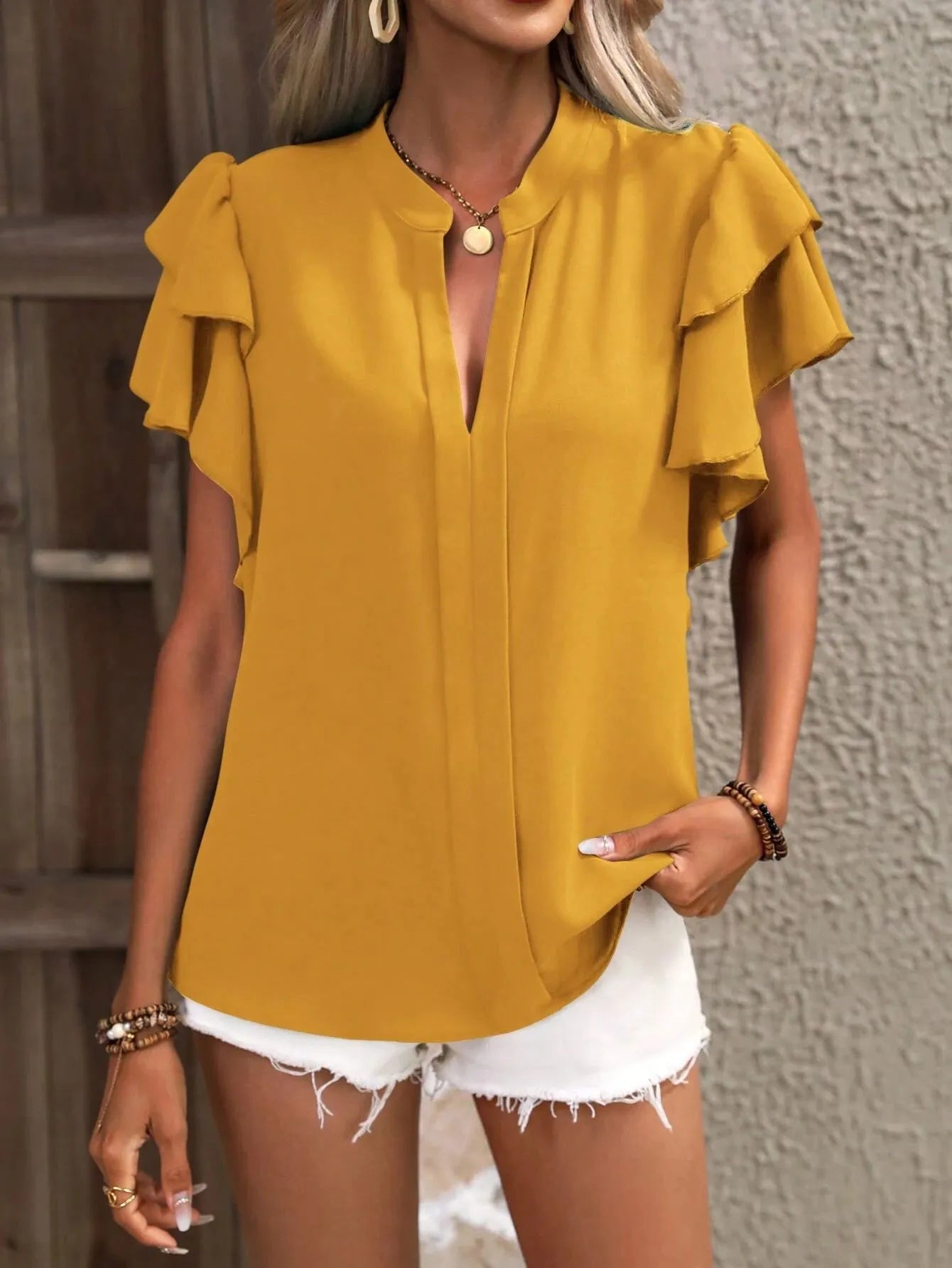 Ruffle Sleeve Notched Blouse - Tops by Trendsi | Available at Handbags Specialist Headquarter