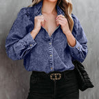 Collared Neck Buttoned Denim Shirt - Women / Jeans & Denim by Trendsi | Available at Handbags Specialist Headquarter