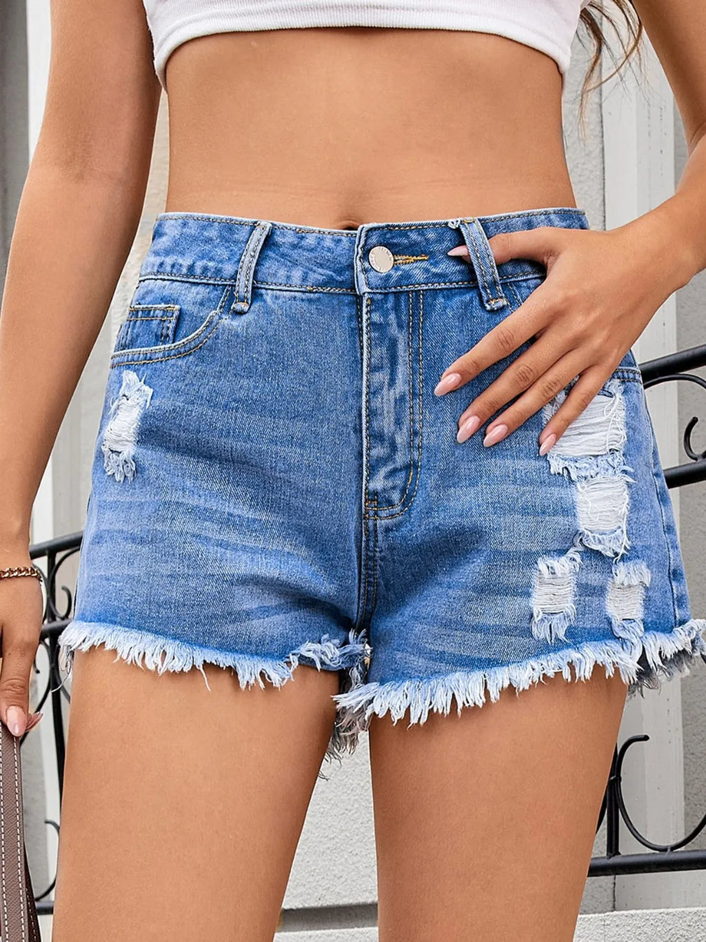 Distressed Raw Hem Denim Shorts - Women / Jeans & Denim by Trendsi | Available at Handbags Specialist Headquarter
