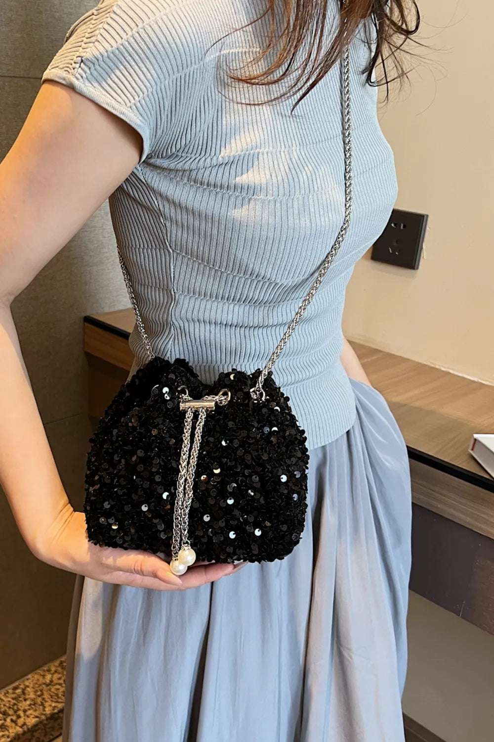 Sequin Chain Drawstring Bucket Bag - Crossbody Bag by Trendsi | Available at Handbags Specialist Headquarter