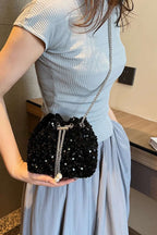 Sequin Chain Drawstring Bucket Bag - Crossbody Bag by Trendsi | Available at Handbags Specialist Headquarter