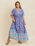 Plus Size Smocked Printed Half Sleeve Midi Dress - Dresses by Trendsi | Available at Handbags Specialist Headquarter