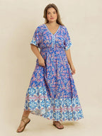 Plus Size Smocked Printed Half Sleeve Midi Dress - Dresses by Trendsi | Available at Handbags Specialist Headquarter