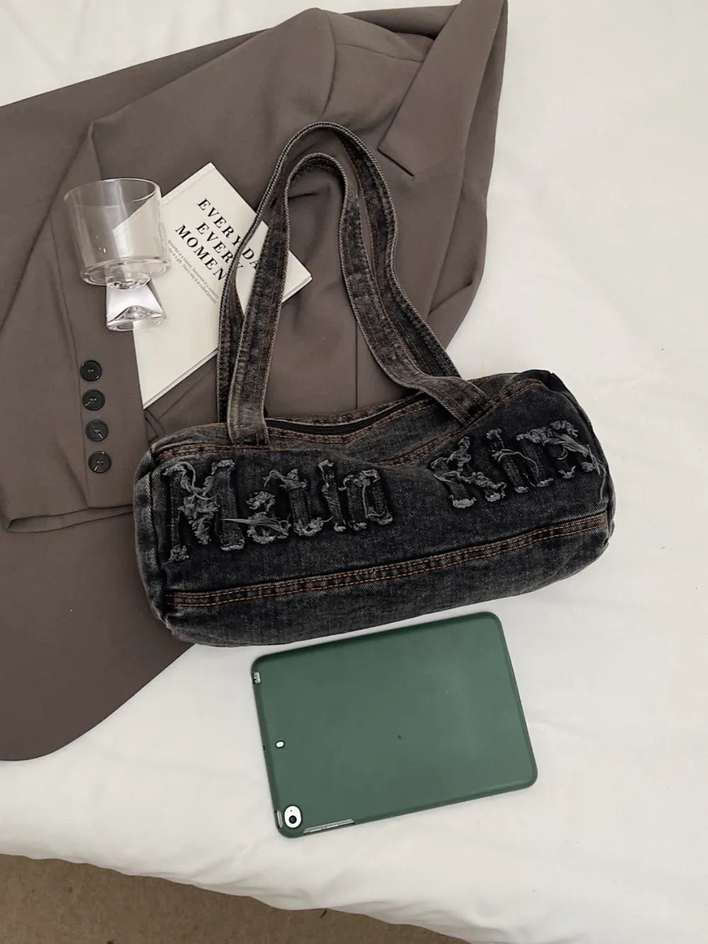 Letter Raw Edge Denim Handbag - Tote Bag by Trendsi | Available at Handbags Specialist Headquarter