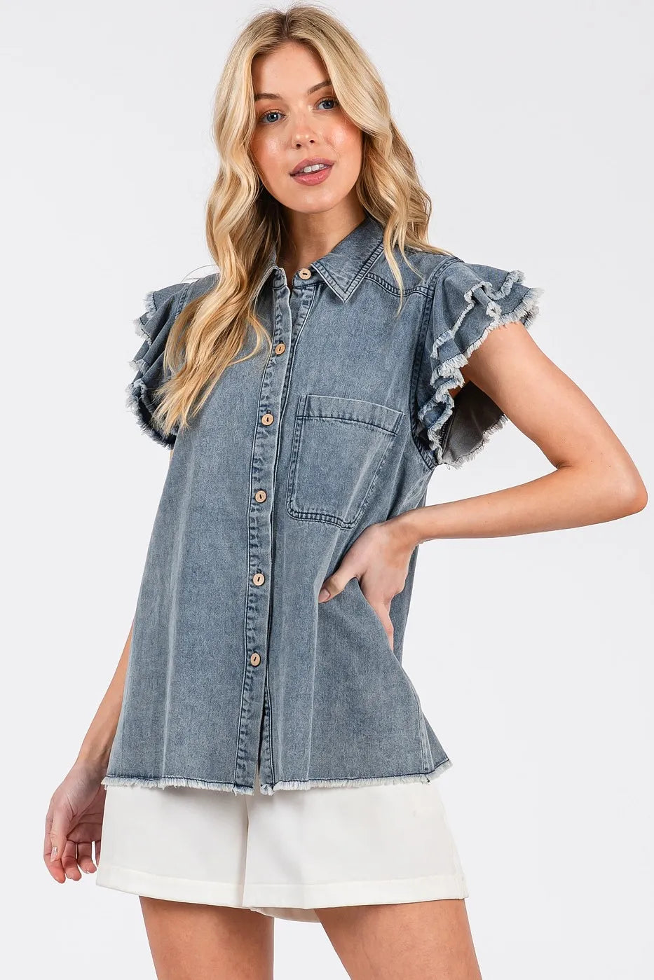 Mittoshop Washed Denim Ruffle Short Sleeve Collared Shirt - Women / Jeans & Denim by Trendsi | Available at Handbags Specialist Headquarter