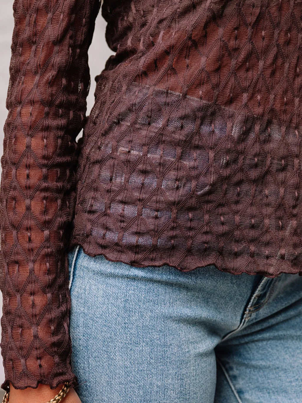 Sheer Mesh Patterned Lettuce Trim Slim Long Sleeve Top - Tops by Trendsi | Available at Handbags Specialist Headquarter