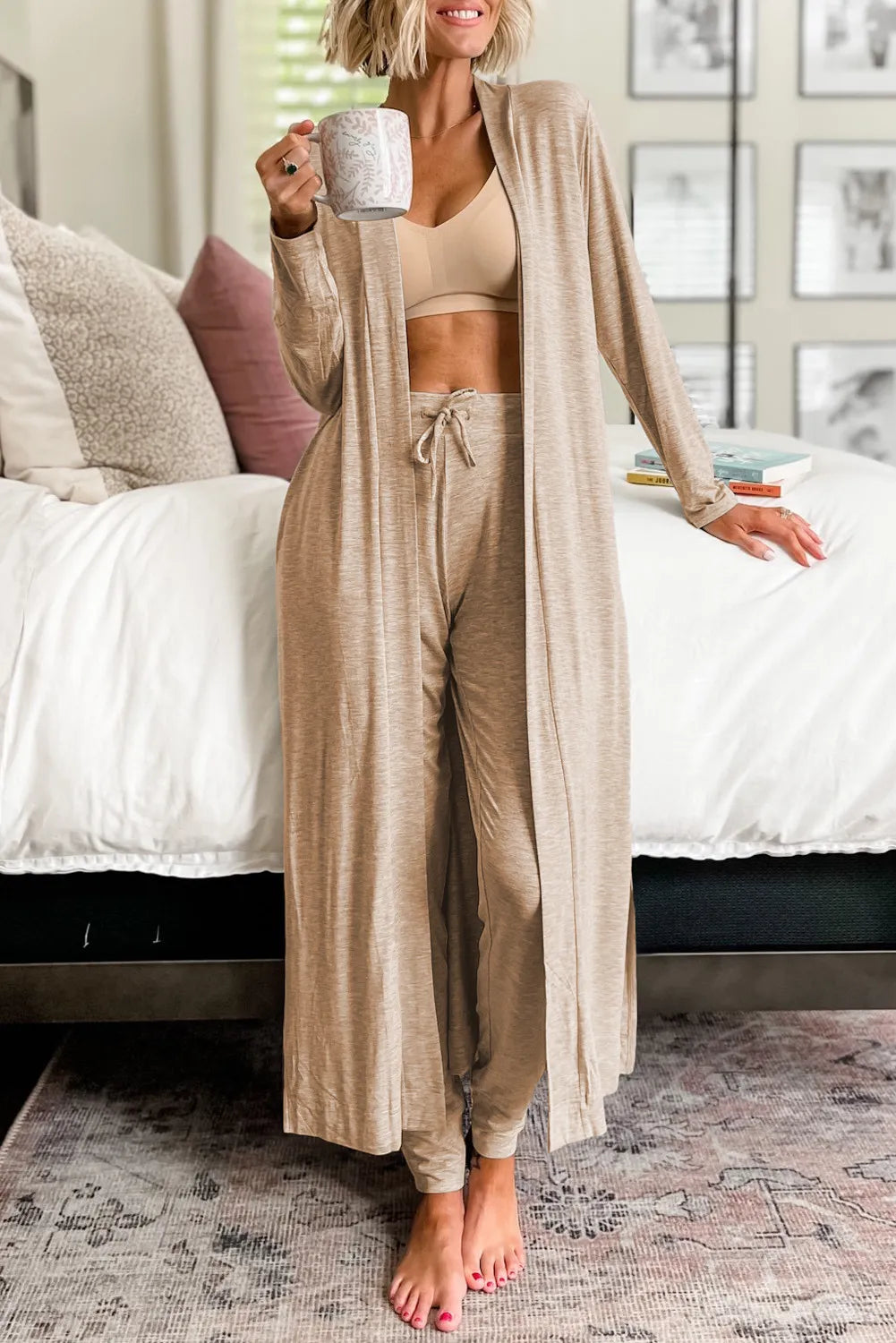 Open Front Long Sleeve Cardigan and Pants Lounge Set - Sleepwear by Trendsi | Available at Handbags Specialist Headquarter
