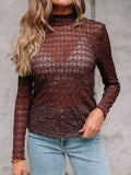 Sheer Mesh Patterned Lettuce Trim Slim Long Sleeve Top - Tops by Trendsi | Available at Handbags Specialist Headquarter