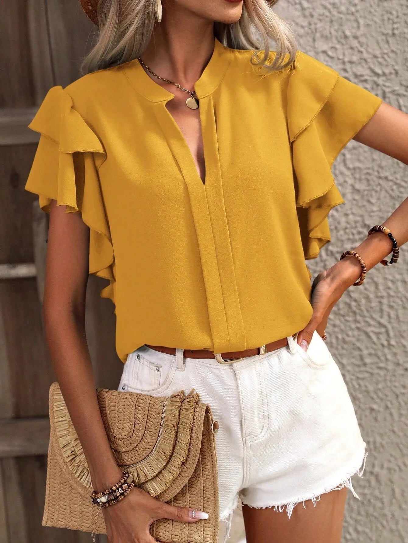 Ruffle Sleeve Notched Blouse - Tops by Trendsi | Available at Handbags Specialist Headquarter