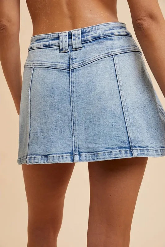 Annie Wear Button Detail Stretch Denim Wrap Mini Skort - Skirts by Trendsi | Available at Handbags Specialist Headquarter