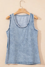 Mineral Wash Denim Frayed U Neck Sleeveless Top - Women / Jeans & Denim by Trendsi | Available at Handbags Specialist Headquarter
