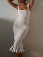 Ribbed Knit Bodycon Midi Dress with Ruffle Hem - Maxi Dress by Trendsi | Available at Handbags Specialist Headquarter