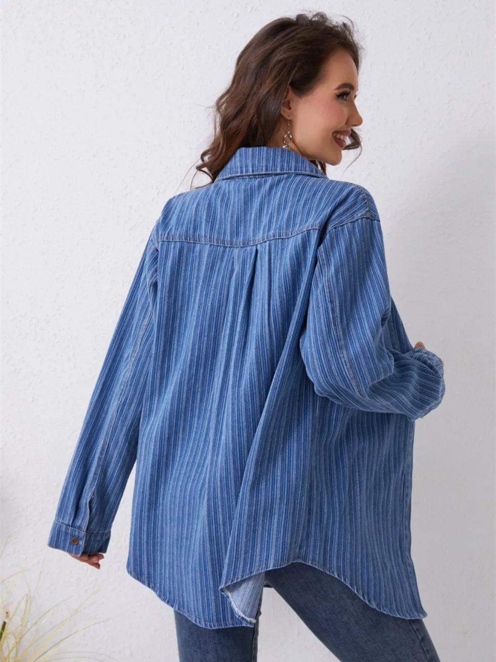 Pocketed Striped Button Up Denim Shirt - Women / Jeans & Denim by Trendsi | Available at Handbags Specialist Headquarter