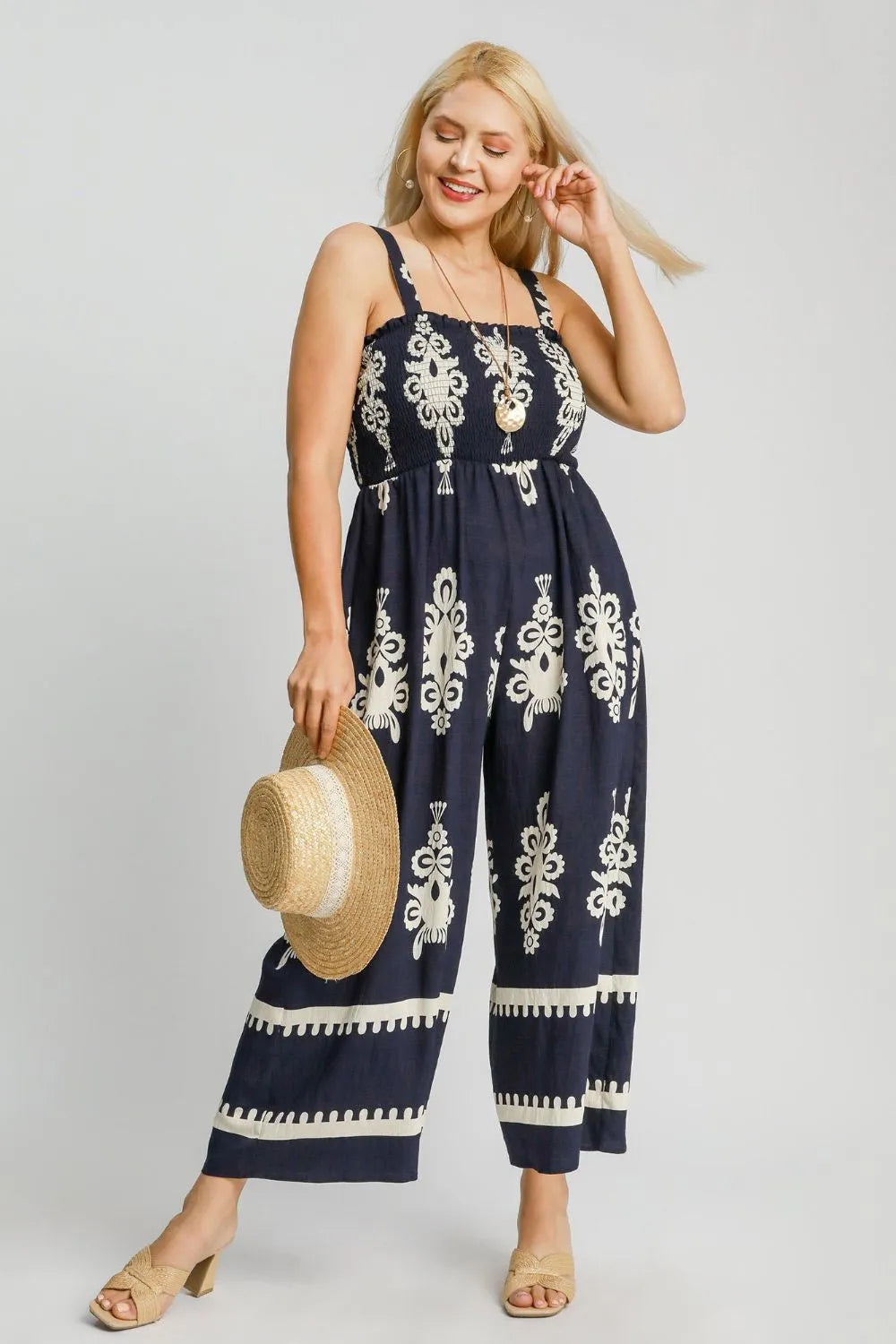 Umgee Full Size Smocked Printed Wide Leg Jumpsuit Plus Size - Dresses by Trendsi | Available at Handbags Specialist Headquarter