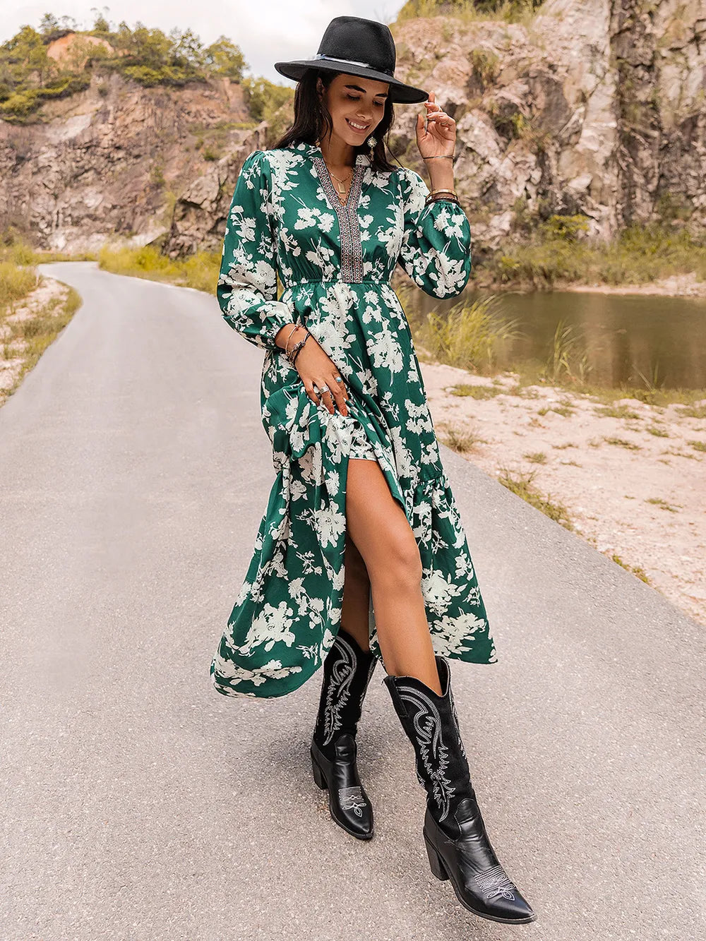 Printed Notched Neck Maxi Dress - Maxi Dress by Trendsi | Available at Handbags Specialist Headquarter