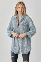 RISEN Distressed Raw Hem Denim Shirt - Women / Jeans & Denim by Trendsi | Available at Handbags Specialist Headquarter