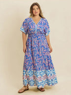 Plus Size Smocked Printed Half Sleeve Midi Dress - Dresses by Trendsi | Available at Handbags Specialist Headquarter