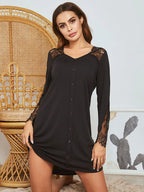 Lace Detail Long Sleeve Mini Lounge Dress - Sleepwear by Trendsi | Available at Handbags Specialist Headquarter