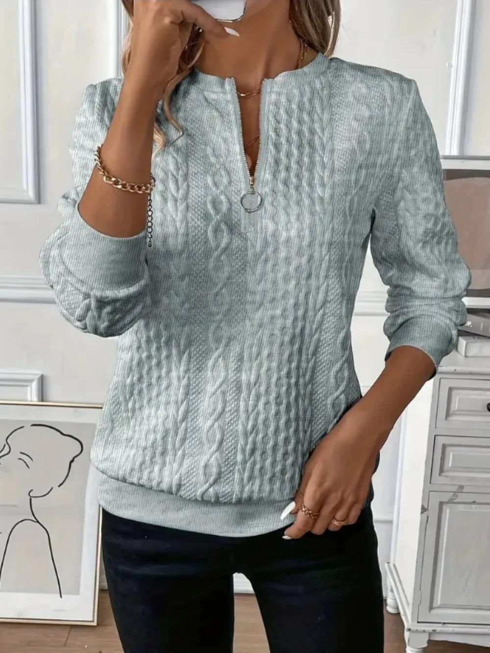 Texture Half Zip Long Sleeve Sweatshirt - Tops by Trendsi | Available at Handbags Specialist Headquarter