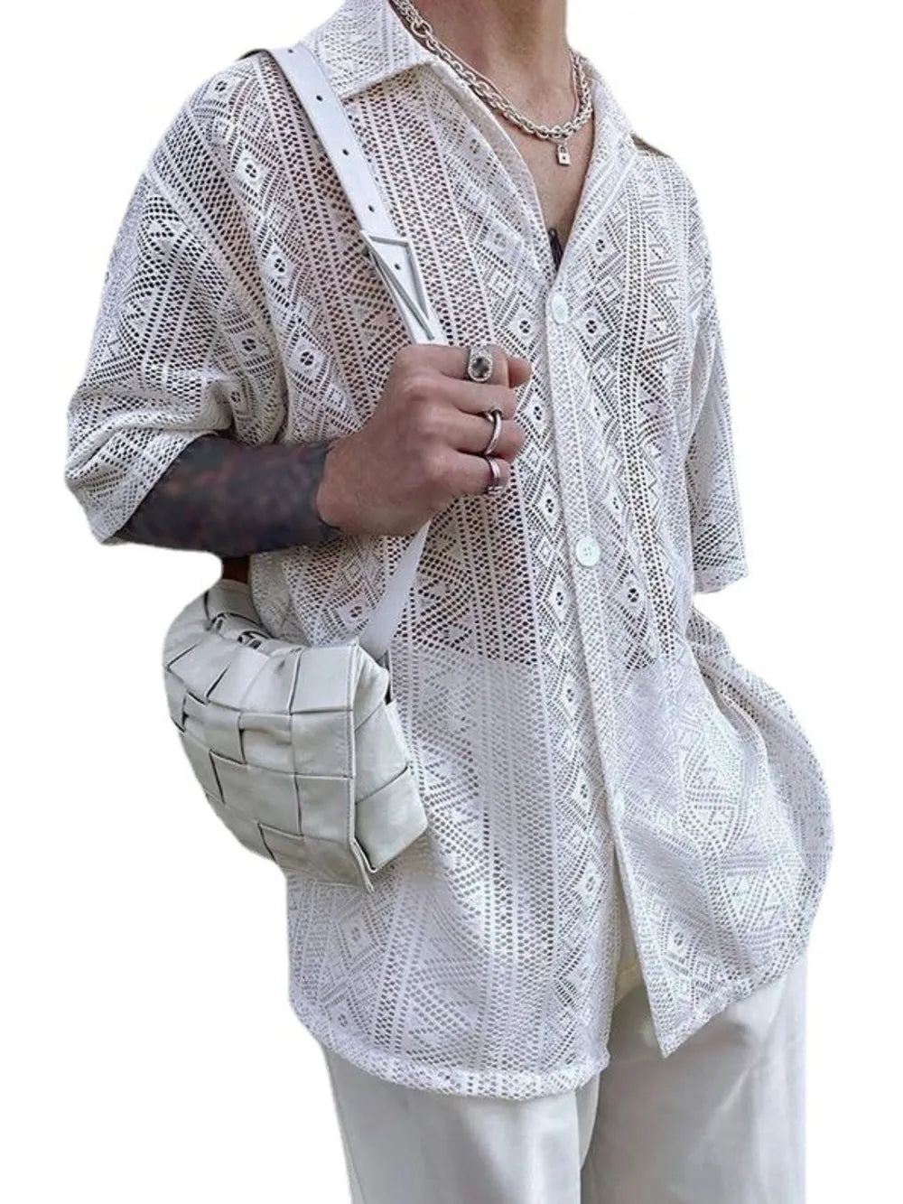 Men's Full Size Lace Half Sleeve Button Down Shirt Plus Size - Men's T Shirt by Trendsi | Available at Handbags Specialist Headquarter