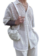 Men's Full Size Lace Half Sleeve Button Down Shirt Plus Size - Men's T Shirt by Trendsi | Available at Handbags Specialist Headquarter
