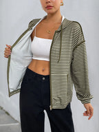 Striped Zip Up Oversized Hoodie - Tops by Trendsi | Available at Handbags Specialist Headquarter