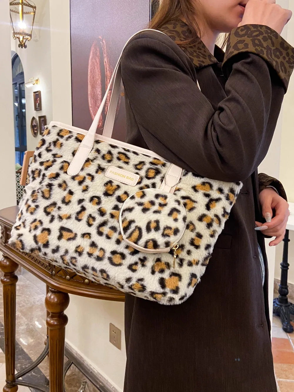 Leopard Faux Fur Tote Bag with Coin Purse - Tote Bag by Trendsi | Available at Handbags Specialist Headquarter