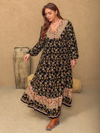 Plus Size Floral V-Neck Balloon Sleeve Dress - Dresses by Trendsi | Available at Handbags Specialist Headquarter