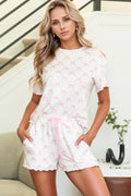 Bow Print Lettuce Trim Round Neck Top and Shorts Lounge Set - Sleepwear by Trendsi | Available at Handbags Specialist Headquarter