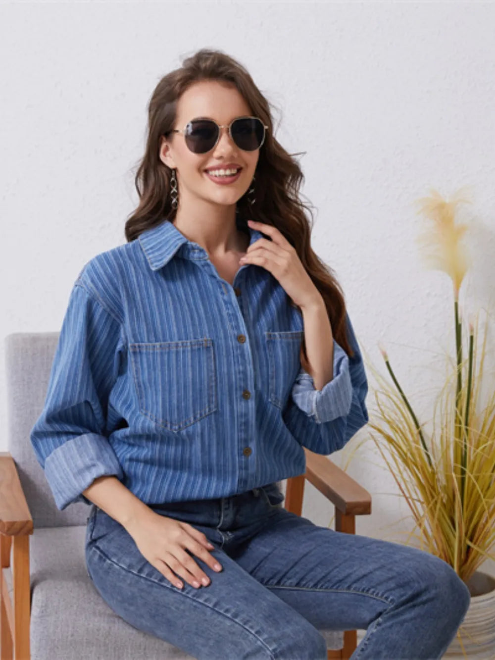 Pocketed Striped Button Up Denim Shirt - Women / Jeans & Denim by Trendsi | Available at Handbags Specialist Headquarter