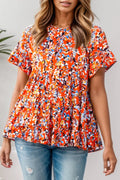 Plus Size Floral Round Neck Tiered Blouse - Plus Size Shirts by Trendsi | Available at Handbags Specialist Headquarter