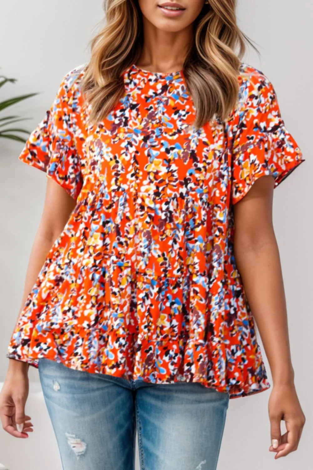 Plus Size Floral Round Neck Tiered Blouse - Plus Size Shirts by Trendsi | Available at Handbags Specialist Headquarter