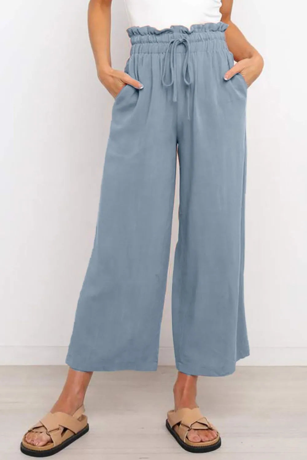 Drawstring Paperbag Waist Wide Leg Pants - Women Pants by Trendsi | Available at Handbags Specialist Headquarter