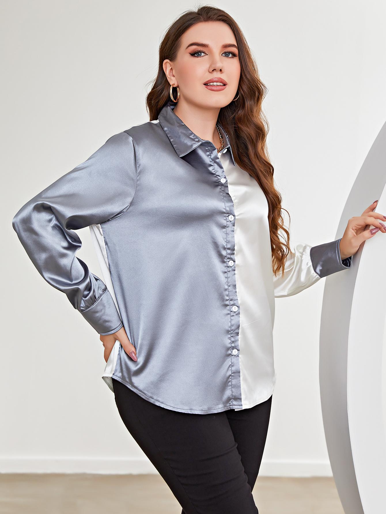 Plus Size Two-Tone Long Sleeve Shirt - Plus Size Shirts by Trendsi | Available at Handbags Specialist Headquarter