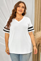 Plus Size Striped V-Neck Tee Shirt - Plus Size Shirts by Trendsi | Available at Handbags Specialist Headquarter