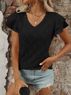 Eyelet V-Neck Ruffled Cap Sleeve Top - Tops by Trendsi | Available at Handbags Specialist Headquarter