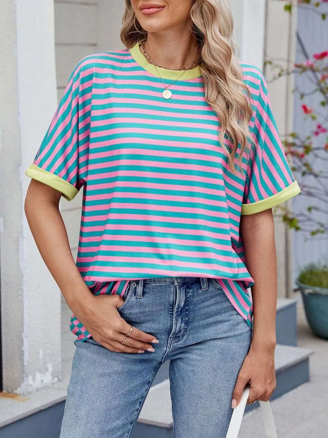 Striped Round Neck Half Sleeve T-Shirt - Women / Tops by Trendsi | Available at Handbags Specialist Headquarter