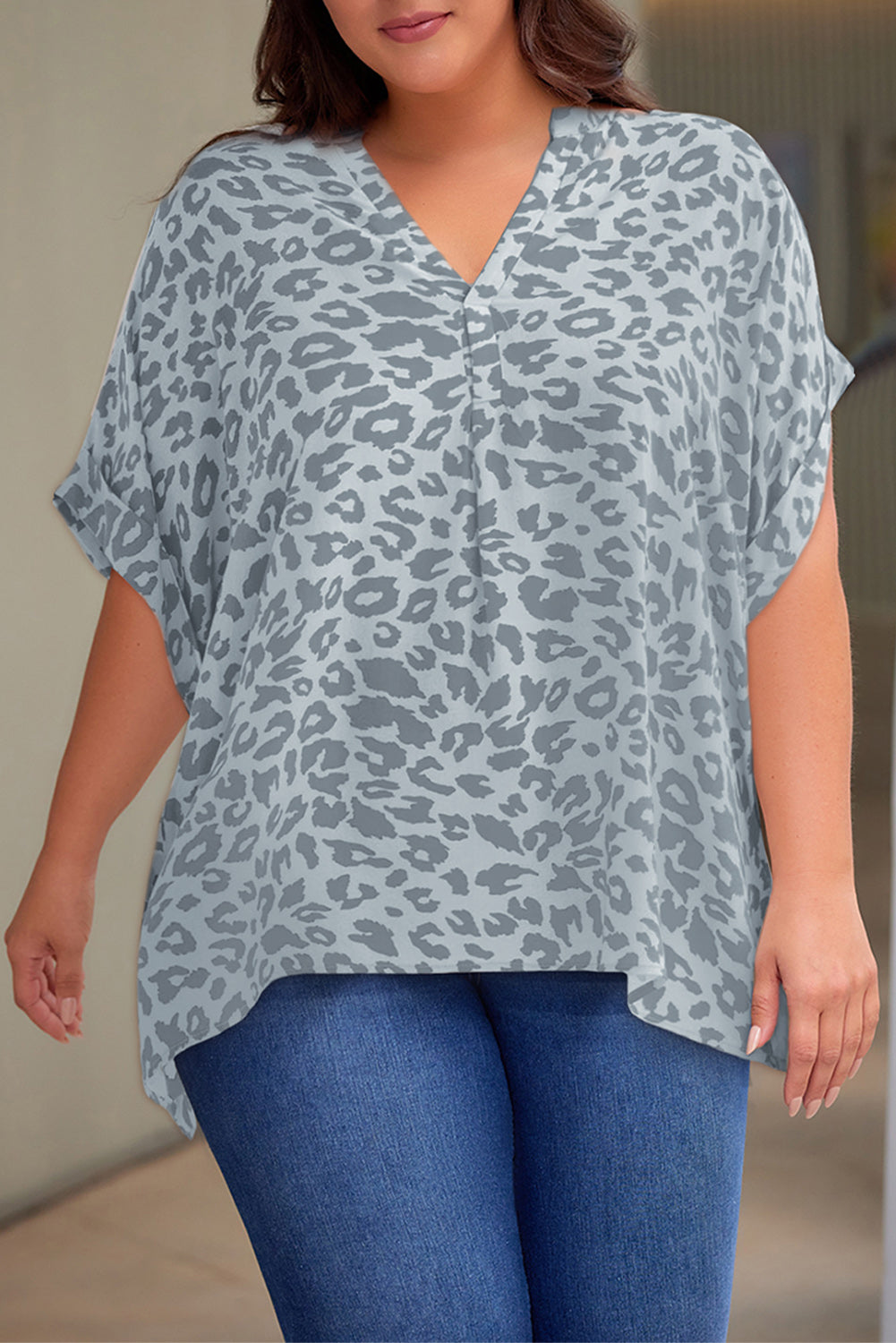 Plus Size Printed Notched Neck Half Sleeve Top - Plus Size Shirts by Trendsi | Available at Handbags Specialist Headquarter