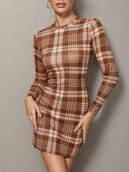 Long Sleeve Plaid Bodycon Mini Dress - Maxi Dress by Trendsi | Available at Handbags Specialist Headquarter