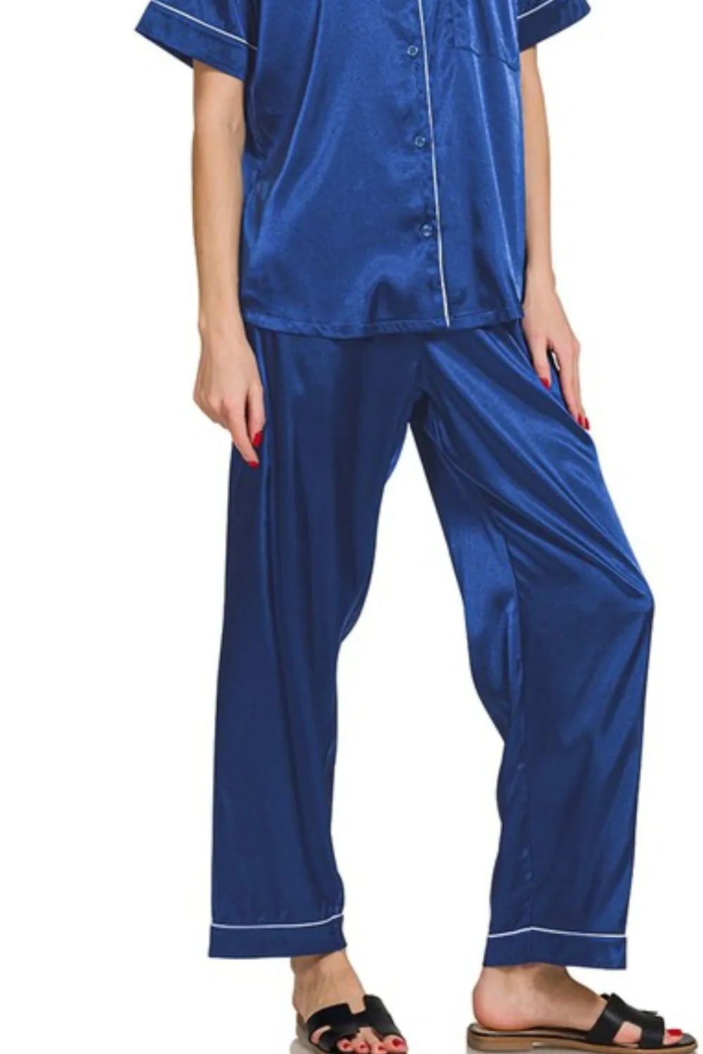 Zenana Satin Short Sleeve Top and Pants Pajama Set - Sleepwear by Trendsi | Available at Handbags Specialist Headquarter