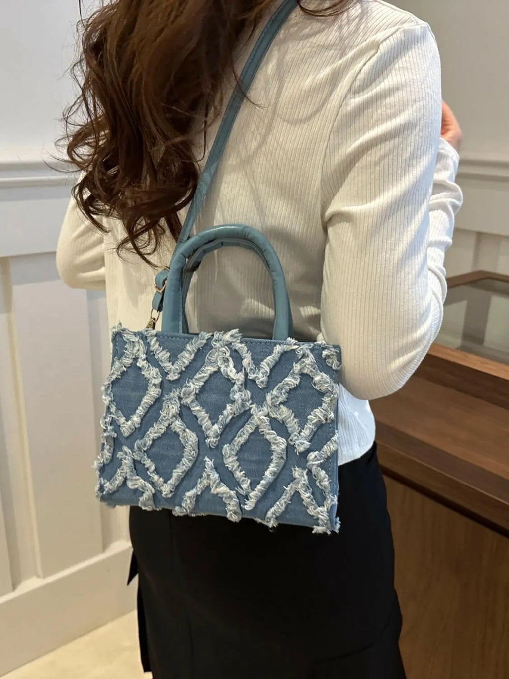 Raw Hem Denim PU Leather Handbag - Tote Bag by Trendsi | Available at Handbags Specialist Headquarter