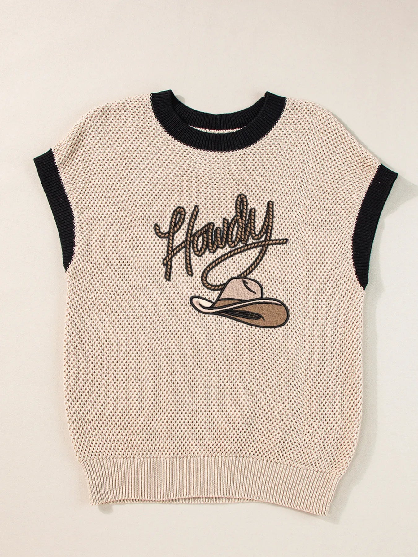 Howdy Cowboy Hat Embroidered Short Sleeve Sweater - Tops by Trendsi | Available at Handbags Specialist Headquarter