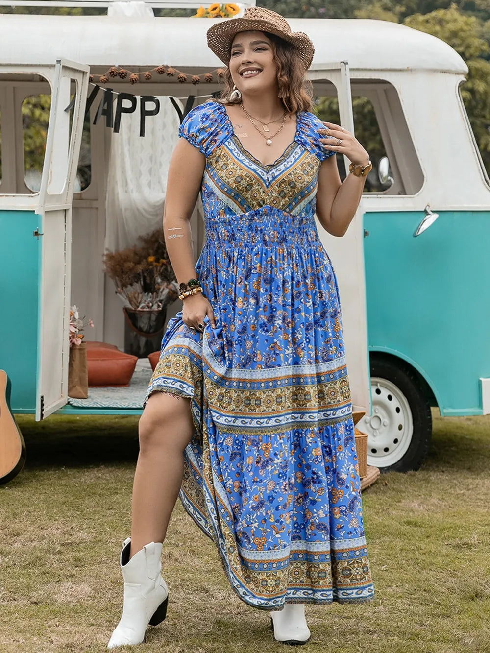 Plus Size Smocked Printed Cap Sleeve Dress - Dresses by Trendsi | Available at Handbags Specialist Headquarter