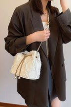 Chain Drawstring Raw Edge Denim Bucket Bag - Crossbody Bag by Trendsi | Available at Handbags Specialist Headquarter